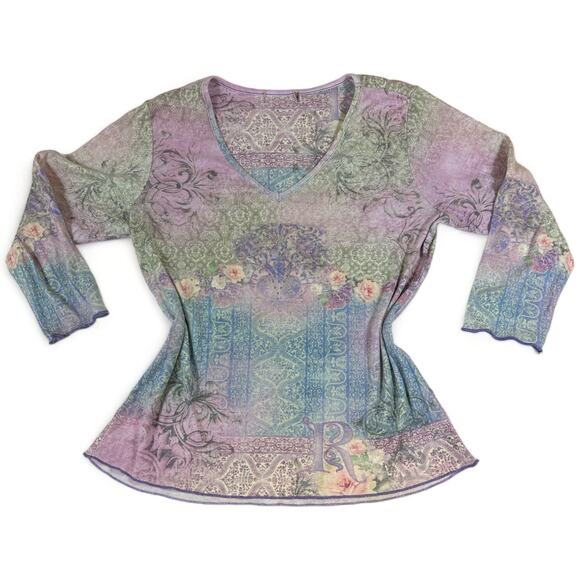 Vintage Y2K Purple Pastel Bejeweled Quarter Flutter Sleeve Graphic Shirt L - Picture 1 of 3